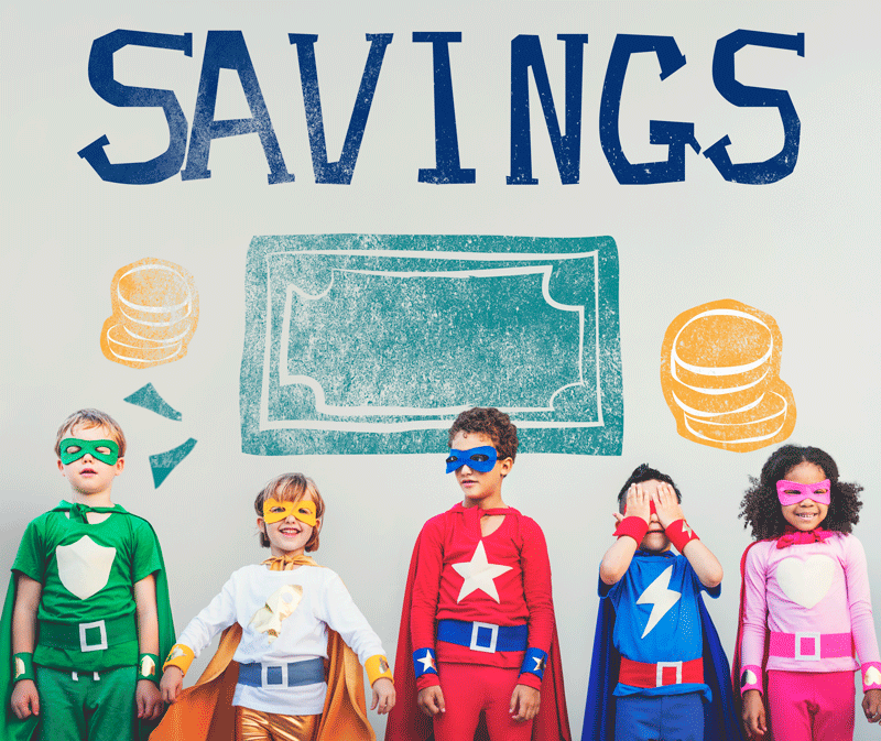 Children in superhero costumes with SAVINGS written behind them. Image by rawpixel.com.