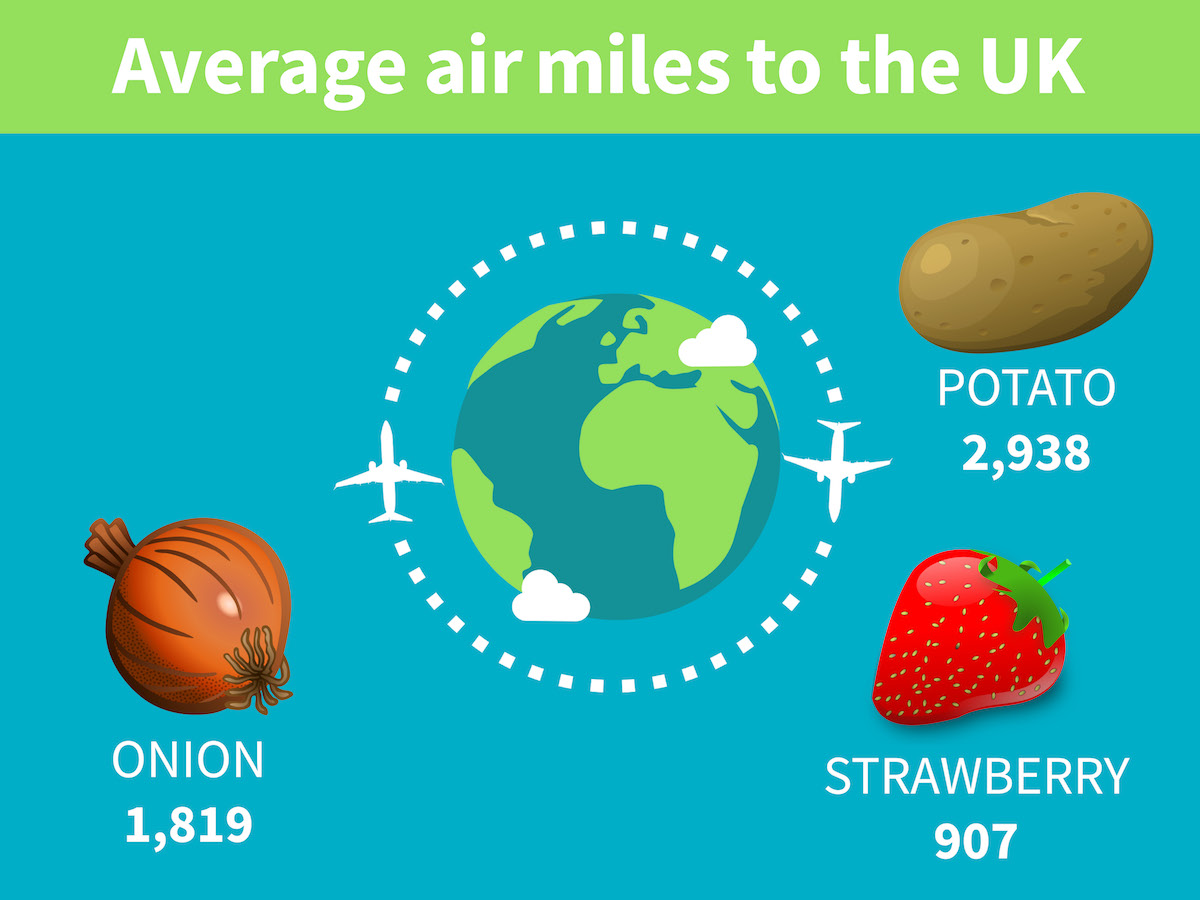 Graph showing food air miles for a strawberry, an onion and a potato.