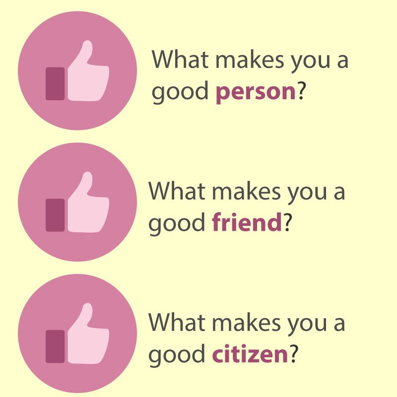 Social media 'thumbs up/like' icons followed by three questions, asking: what makes you a good person/friend/citizen