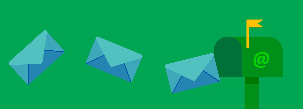 Graphic illustrating emails travelling to inbox (green background)