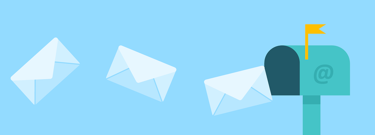 Graphic illustrating emails travelling to inbox (blue background)