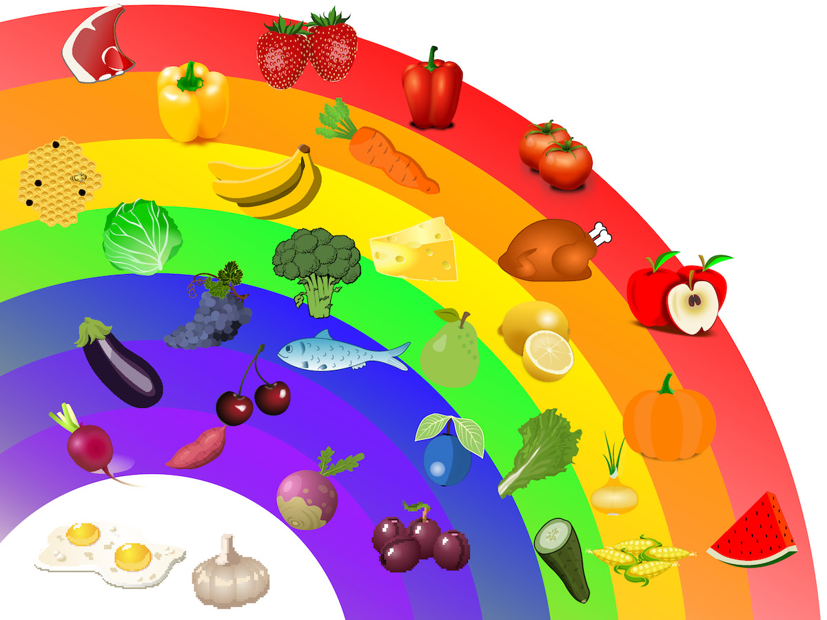 Rainbow with food icons scattered over it.