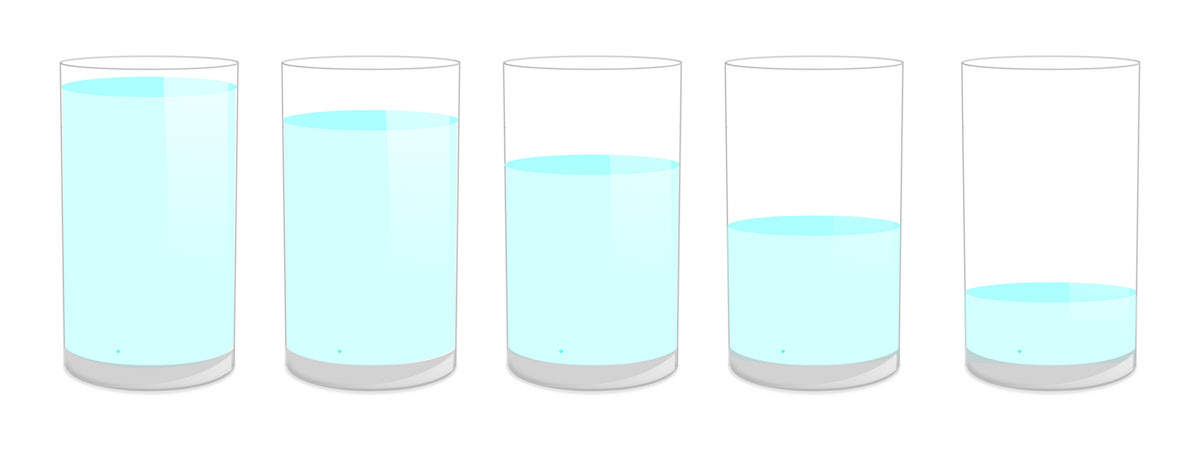 Graphic of multiple glasses with varying levels of water in them.